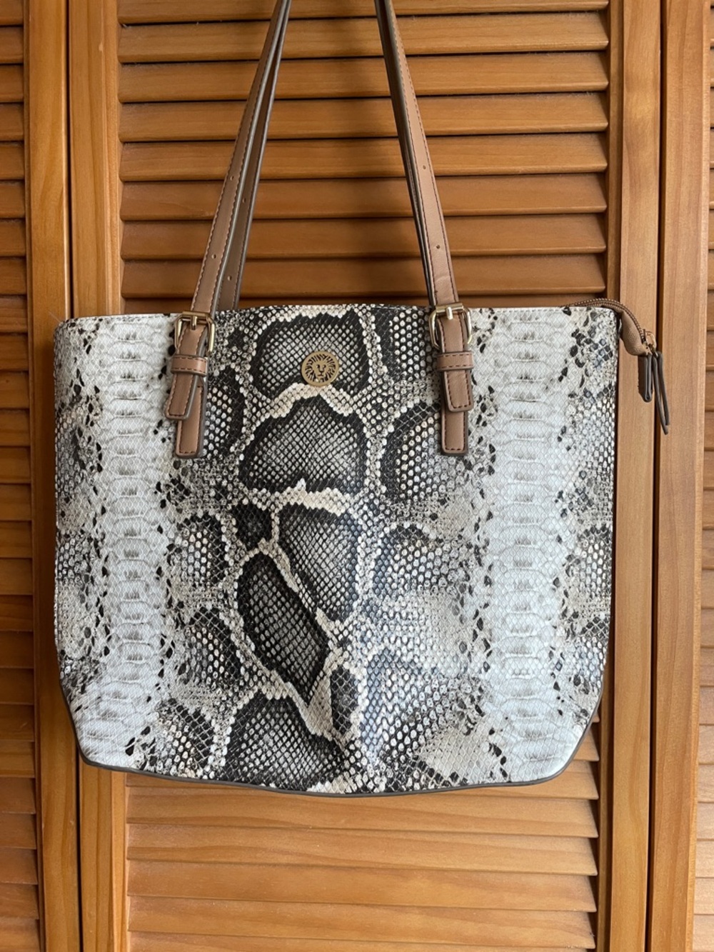 Anne Klein Black & White Snake-Print Tote with Tan Straps